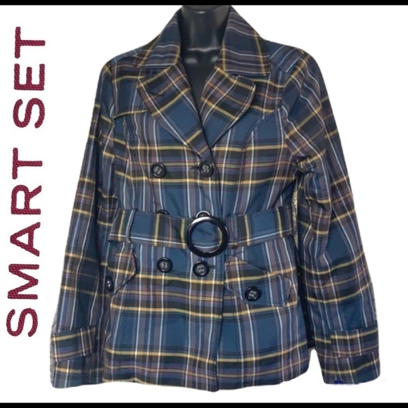 SMART Set navy blue and yellow plaid jacket size L - Picture 1 of 15
